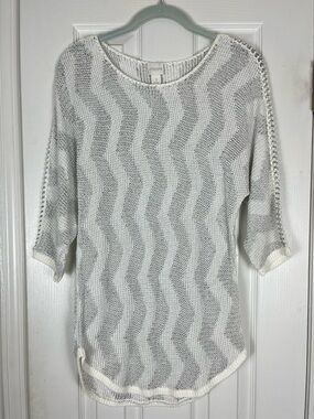 Chico’s White Silver Metallic Chevron Knit Tunic Sweater Metal Chain Trim